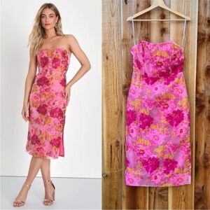 Hot Pink Floral Jacquard Strapless Bustier Midi Dress 🌿